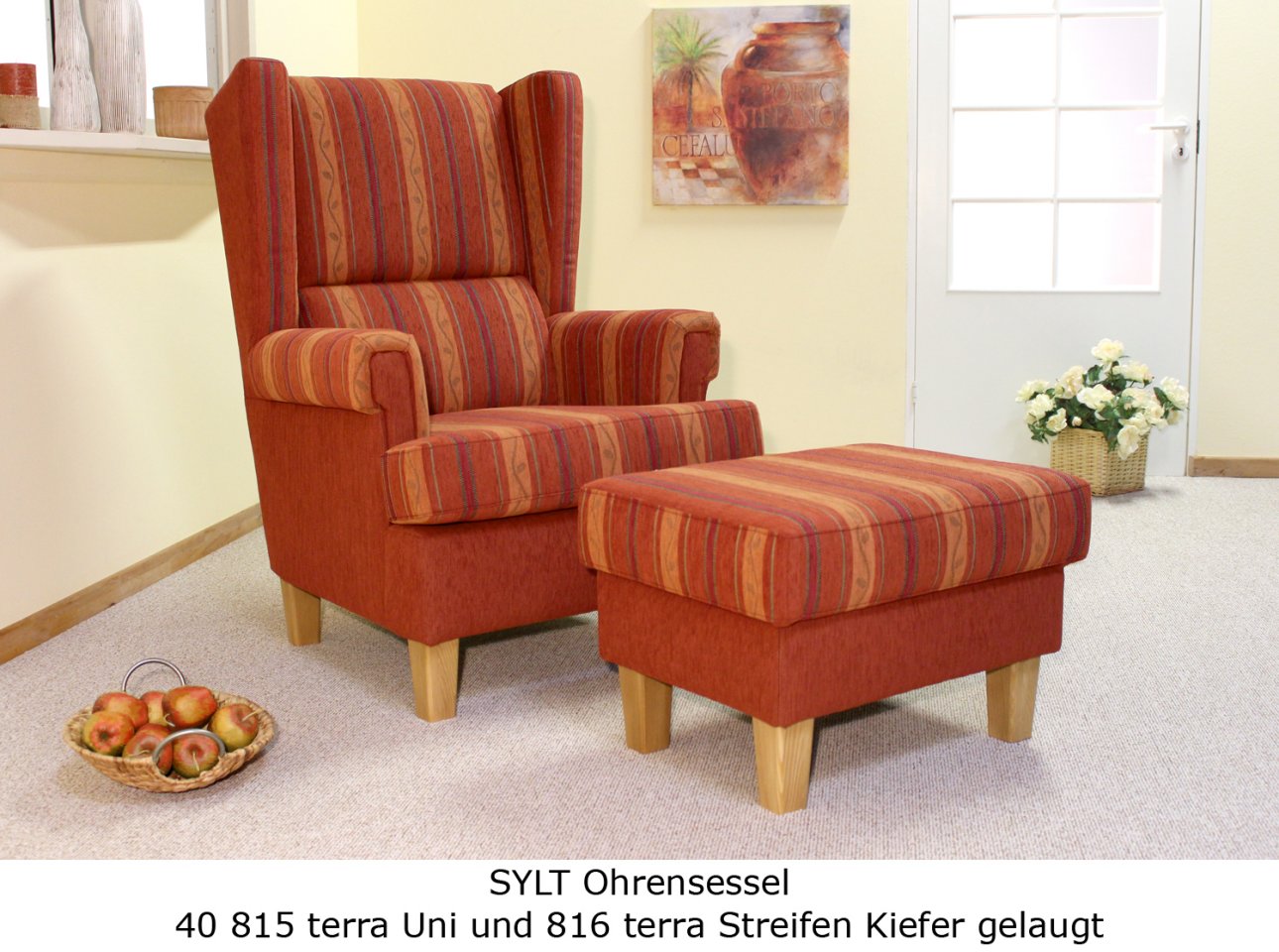 SYLT_Ohrensessel_40_815_terra_Uni_816_terra_Streifen_Kiefer_gelaugt