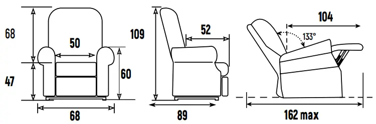 Grafik mit Abmessungen für den Sessel Medtrade Melo.