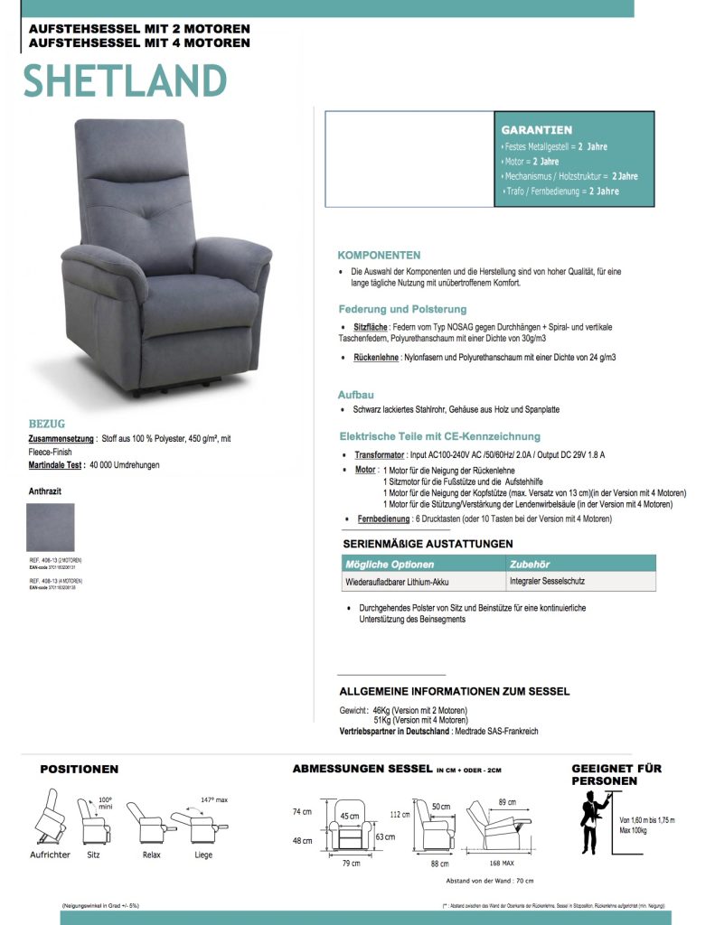 Aufstehsessel Shetland von Medtrade in der Farbe grau.