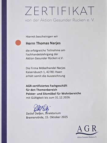 Urkunde AGR-zertifiziertes Fachgeschäft für die Fachbereiche Relax-und Aufstehsessel.